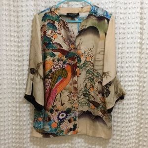 Citron peacock bird silk blouse Santa Monica